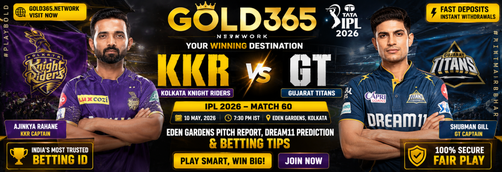 KKR vs GT IPL 2026 betting poster featuring Ajinkya Rahane and Shubman Gill with Gold365.network branding, Eden Gardens background, Dream11 prediction, pitch report, and betting tips design.