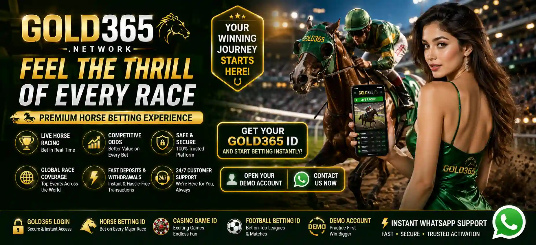 Horse Betting Banner by Gold365 showing all the features instant withdrawal