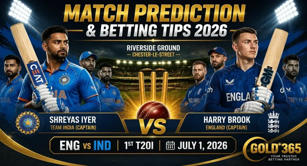 ENG vs IND 1st T20I LIVE at Riverside Ground with pitch report, probable playing XI, Dream11 fantasy tips, and match prediction by Gold365