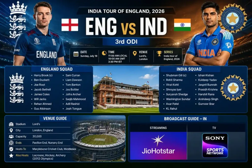 ENG vs IND 3rd ODI 2026 match preview at Lord's London | Faairplay