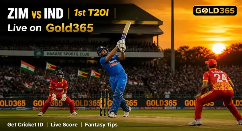 ZIM vs IND 1st T20I match action at Harare Sports Club with Gold365 logo