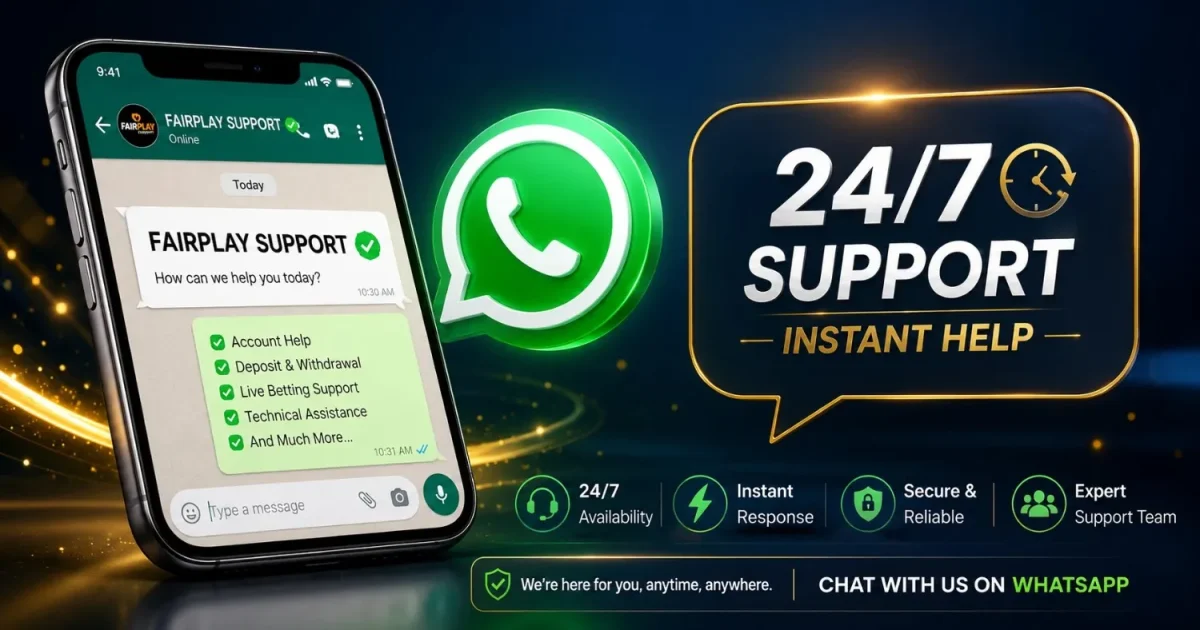 FairPlay WhatsApp Support 24/7 instant customer support banner with smartphone chat and WhatsApp logo