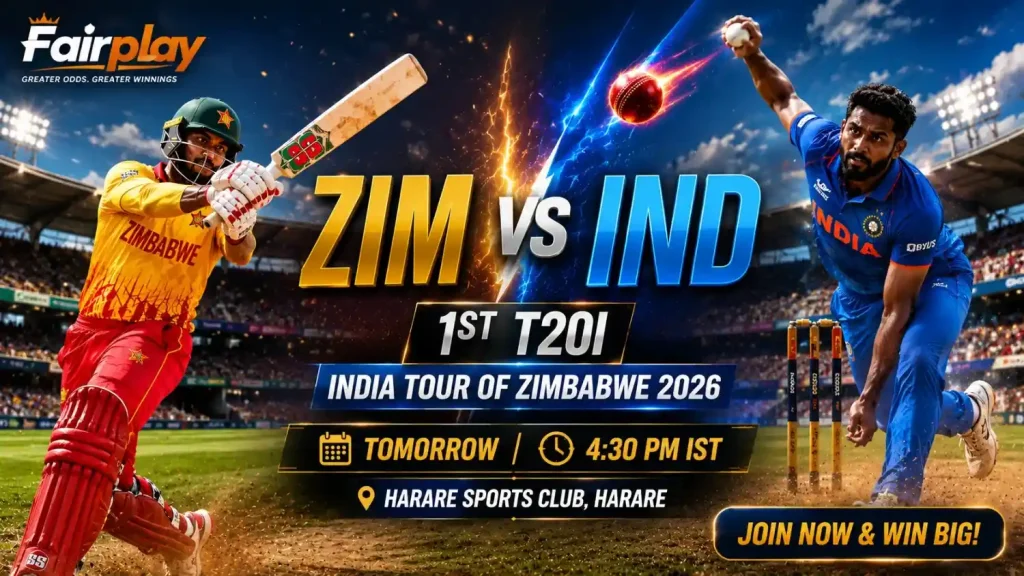 Fairplay ZIM vs IND 1st T20I India Tour of Zimbabwe 2026 match preview banner at Harare Sports Club