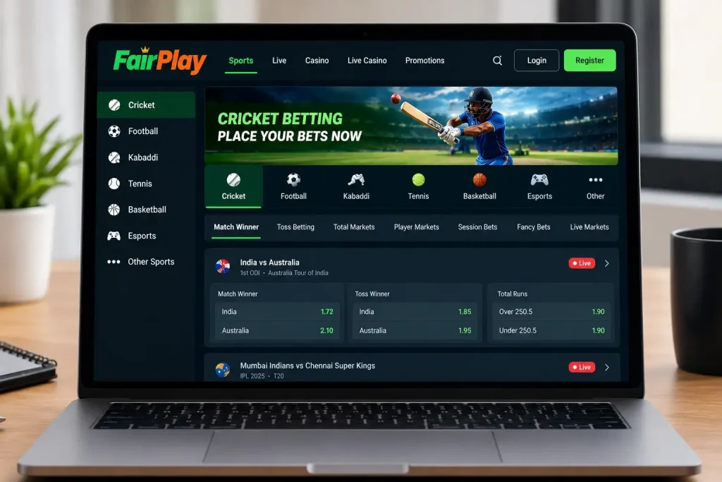 FairPlay sports betting interface on a laptop with cricket matches, sports categories, live markets, and betting options.