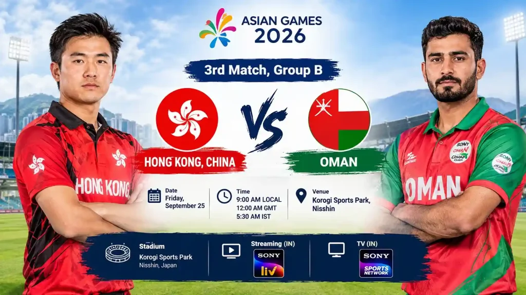 Hong Kong, China vs Oman cricket match poster for the 3rd Match, Group B of Asian Games 2026 at Korogi Sports Park, Nisshin on September 25.