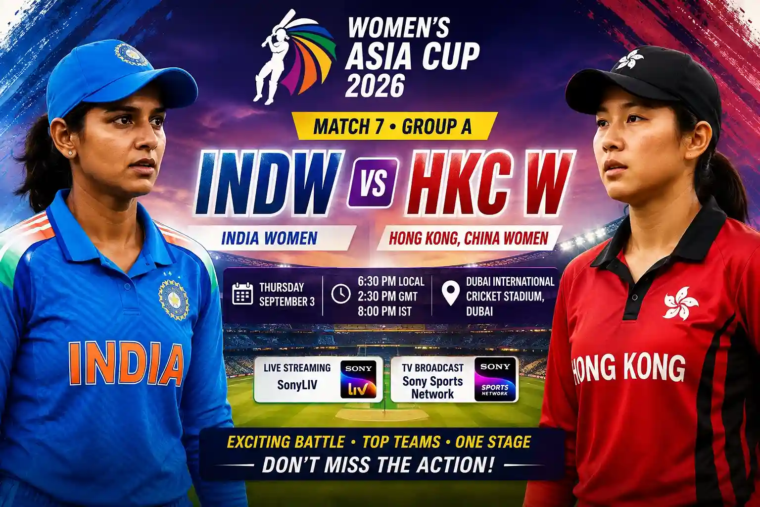 Women’s Asia Cup 2026 INDW vs HKC W Match 7 cricket preview featuring India Women and Hong Kong China Women in a thrilling stadium showdown.